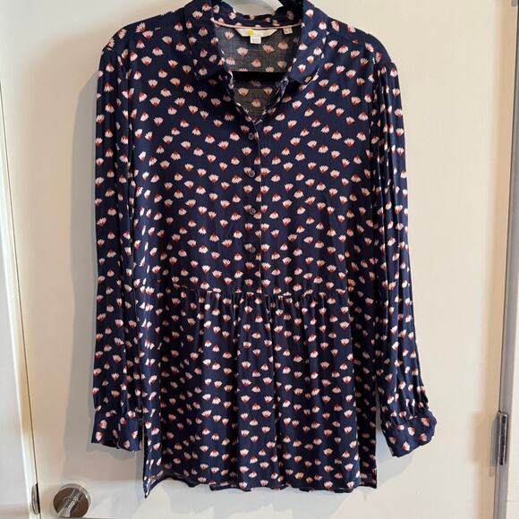 Boden Floral Mini Shirt Dress Navy Blue Collared Button Front Long Sleeve Sz 8 - Picture 1 of 6